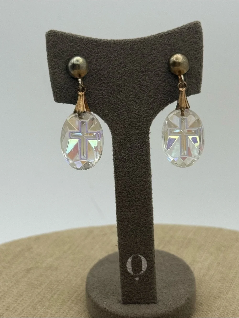 Set of two vintage Crystal Cross Drop Earrings in Clear Aurora Borealis